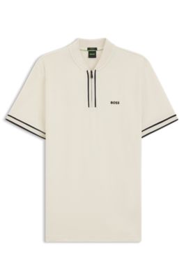 Zip-neck polo shirt in stretch-cotton piqu&eacute;, White