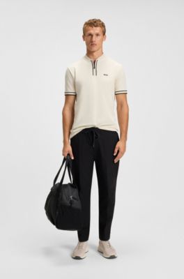 Zip-neck polo shirt in stretch-cotton piqu&eacute;, White