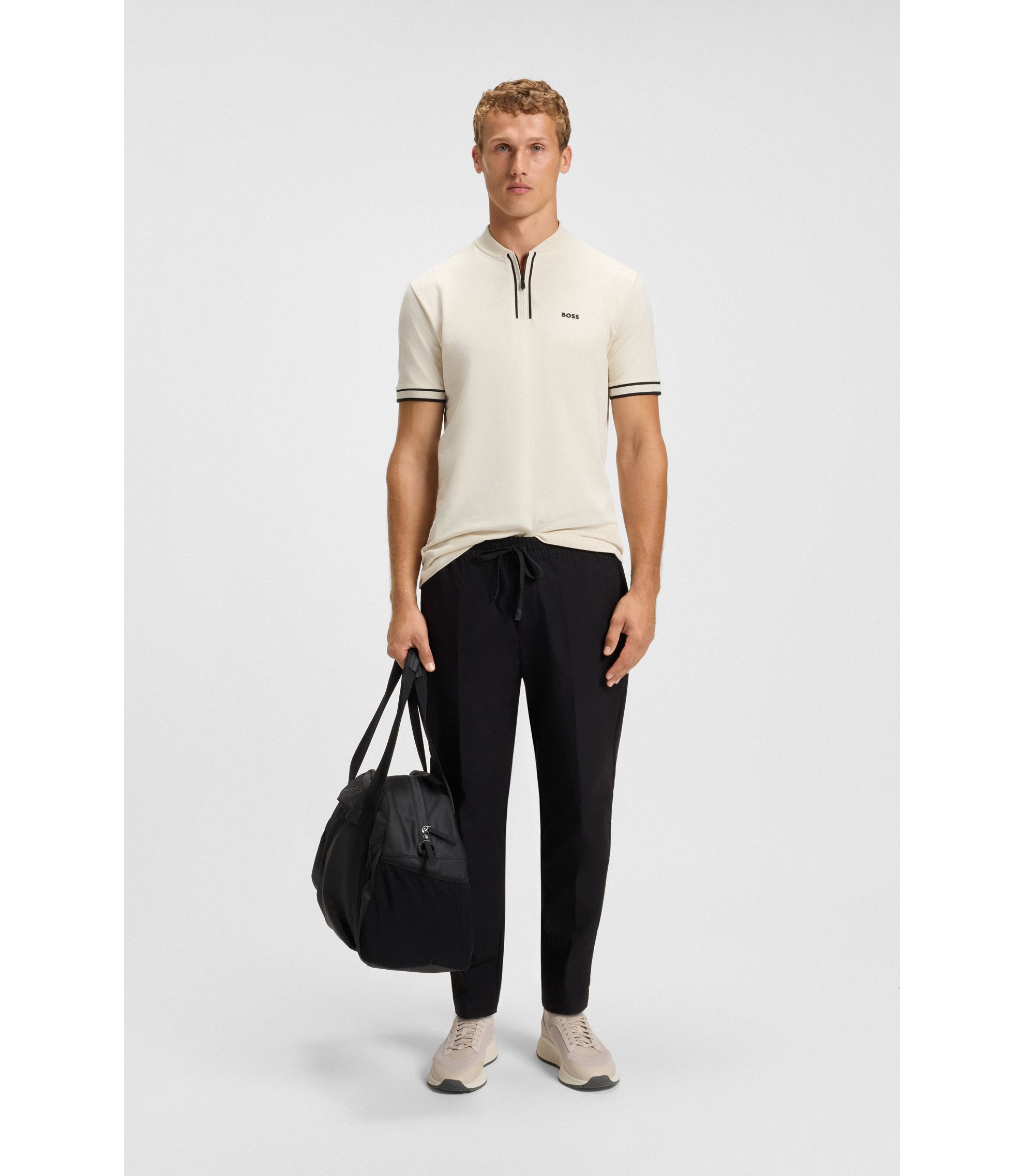 BOSS - Zip-neck polo shirt in stretch-cotton piqué - White
