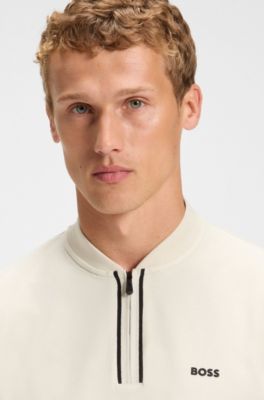 Zip-neck polo shirt in stretch-cotton piqu&eacute;, White