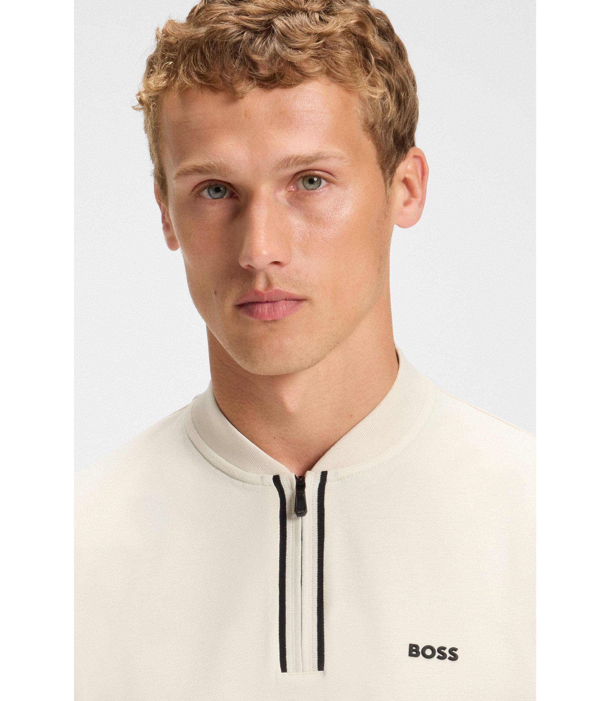 BOSS - Zip-neck polo shirt in stretch-cotton piqué - White