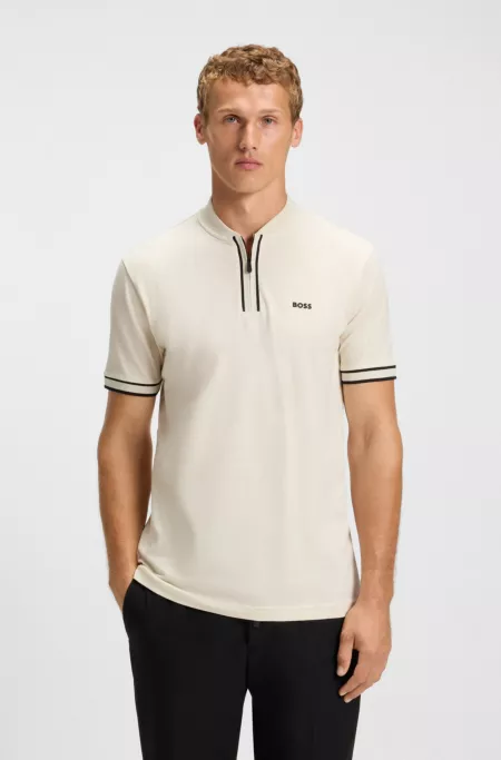 Zip-neck polo shirt in stretch-cotton piqué