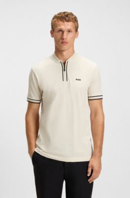 Zip-neck polo shirt in stretch-cotton piqu&eacute;, White