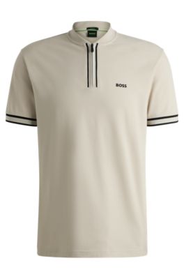 Zip-neck polo shirt in stretch-cotton piqu&eacute;, Light Beige