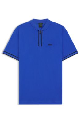 Zip-neck polo shirt in stretch-cotton piqu&eacute;, Blue