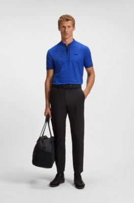 Zip-neck polo shirt in stretch-cotton piqu&eacute;, Blue