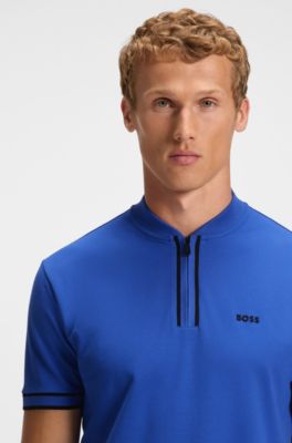 Zip-neck polo shirt in stretch-cotton piqu&eacute;, Blue