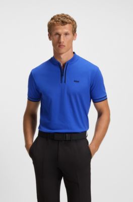 Zip-neck polo shirt in stretch-cotton piqu&eacute;, Blue