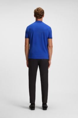 Zip-neck polo shirt in stretch-cotton piqu&eacute;, Blue