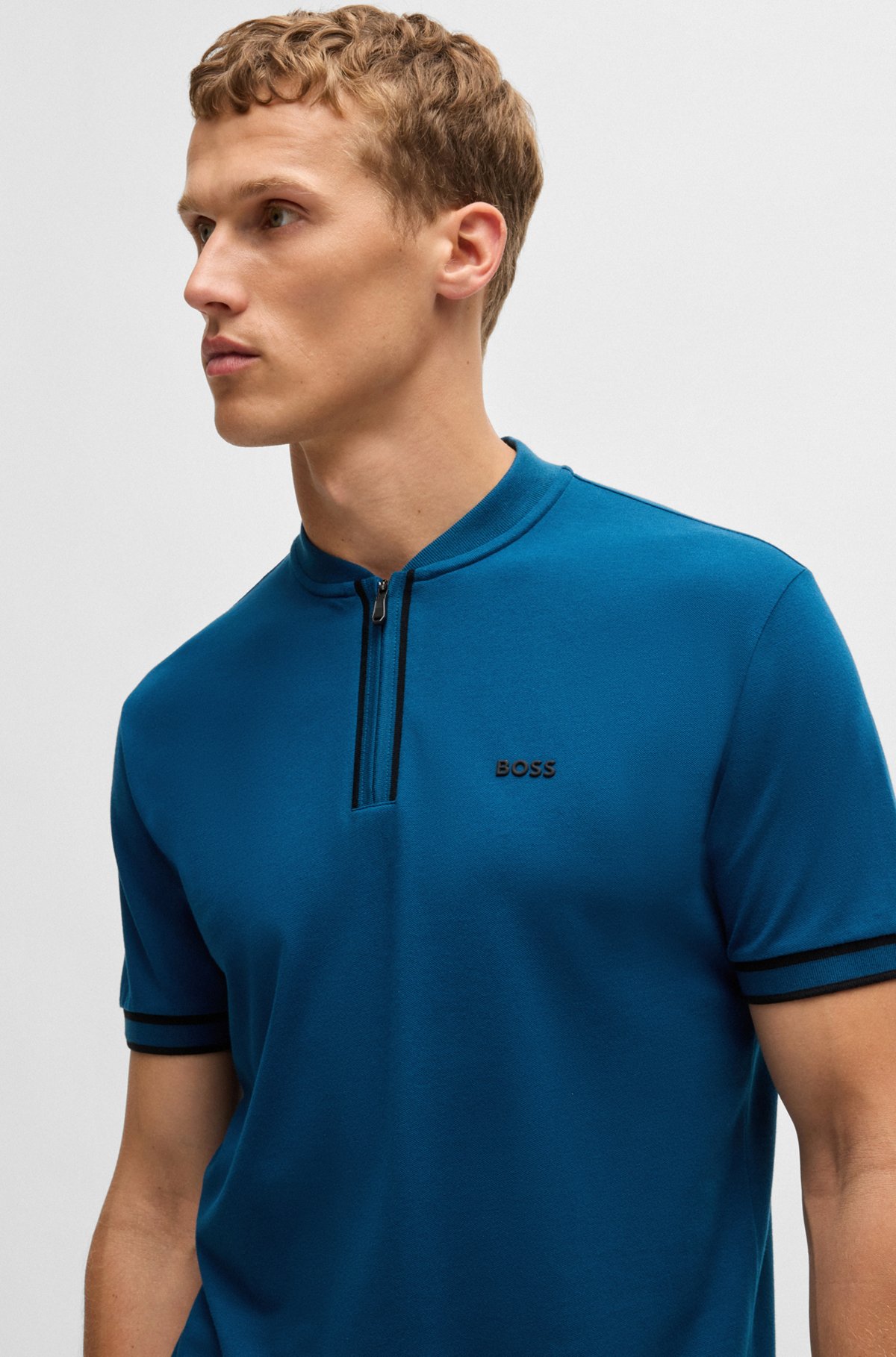 BOSS - Zip-neck polo shirt in stretch-cotton piqué - Light Blue BOSS - Zip-neck polo shirt in stretch-cotton piqué - Light Blue