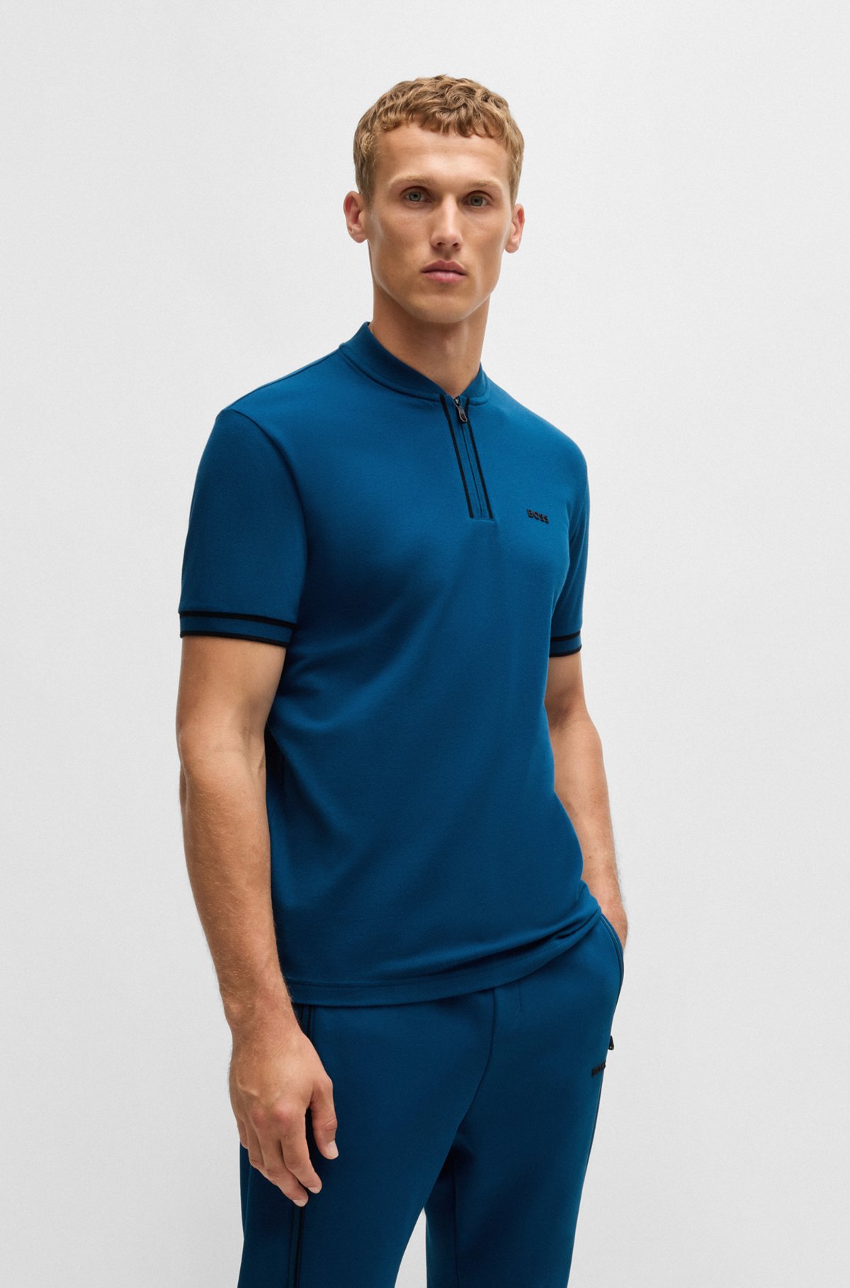 BOSS - Zip-neck polo shirt in stretch-cotton piqué - Light Blue BOSS - Zip-neck polo shirt in stretch-cotton piqué - Light Blue