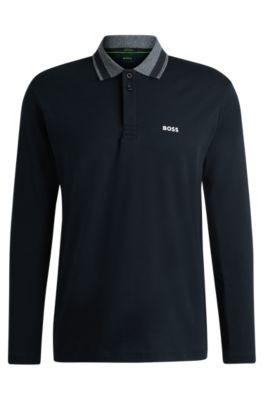 HUGO BOSS大人気完売品 長袖ポロシャツ黒M 特注刺繍入り BOSS - Interlock-cotton polo shirt with contrast logo - Dark Blue