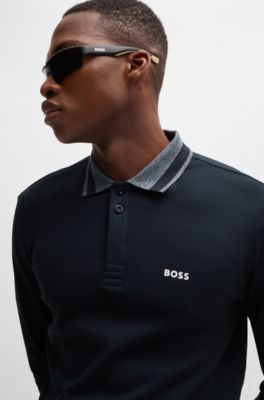Interlock-cotton polo shirt with contrast logo, Dark Blue