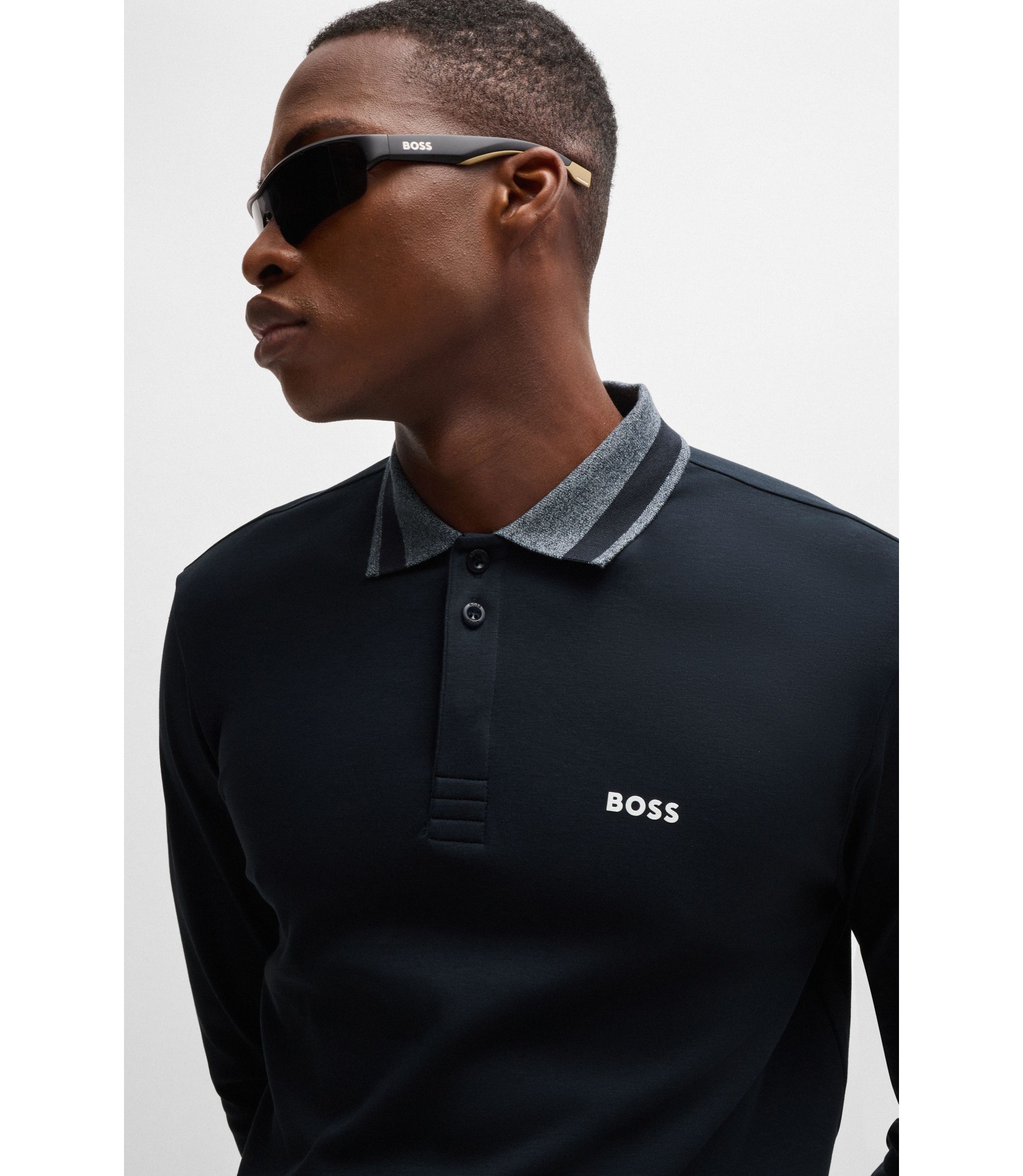 BOSS - Interlock-cotton polo shirt with contrast logo - Dark Blue