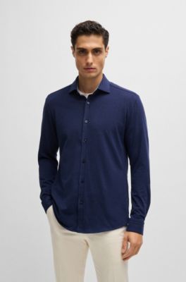 Slim-fit shirt in stretch-cotton jersey, Dark Blue