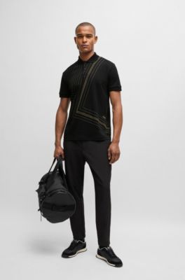 Polo de algod&oacute;n interlock con ilustraci&oacute;n de l&iacute;neas finas, Negro