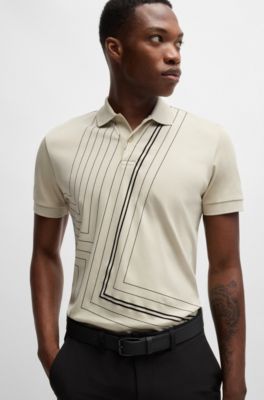 Polo de algod&oacute;n interlock con ilustraci&oacute;n de l&iacute;neas finas, Beige claro