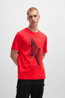 Camiseta regular fit en interlock de algod&oacute;n con ilustraci&oacute;n de temporada, Rojo claro