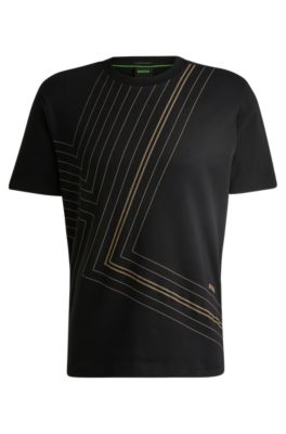 Camiseta regular fit de algod&oacute;n interlock con ilustraci&oacute;n de l&iacute;neas finas, Negro