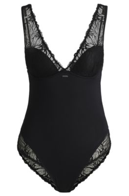 Hugo Boss Lace-trim Bodysuit With Logo Detail In Black
