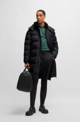 Water-repellent down parka with detachable hood, Black