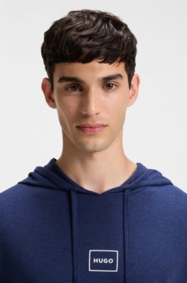 Relaxed-fit hoodie in stretch cotton with logo print, Dark Blue
