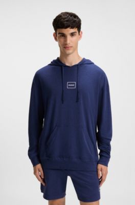 Sweat &agrave; capuche en coton stretch avec logo imprim&eacute;, Bleu fonc&eacute;