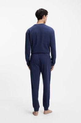 Pantalones de ropa de sal&oacute;n en algod&oacute;n el&aacute;stico con pu&ntilde;os y logo estampado, Azul oscuro