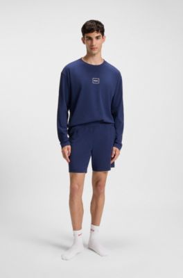 Short en coton stretch avec logo imprim&eacute; encadr&eacute;, Bleu fonc&eacute;