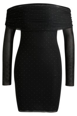Hugo Boss Stretch-mesh Dress With All-over Rhinestone Studs In Black