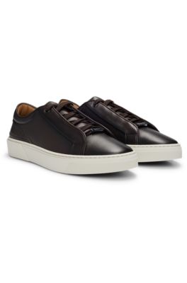 Hugo Boss Gary Burnished-leather Trainers With Hidden Laces In Dark Brown