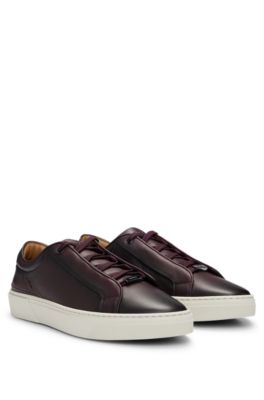 Hugo Boss Gary Burnished-leather Trainers With Hidden Laces In Dark Red