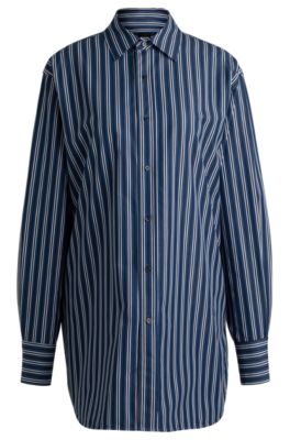 Hugo Boss Slim-fit Blouse In Striped Cotton With Monogram In Blue
