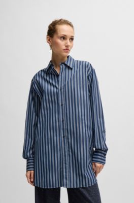 Slim-fit blouse in striped cotton with monogram, Blue