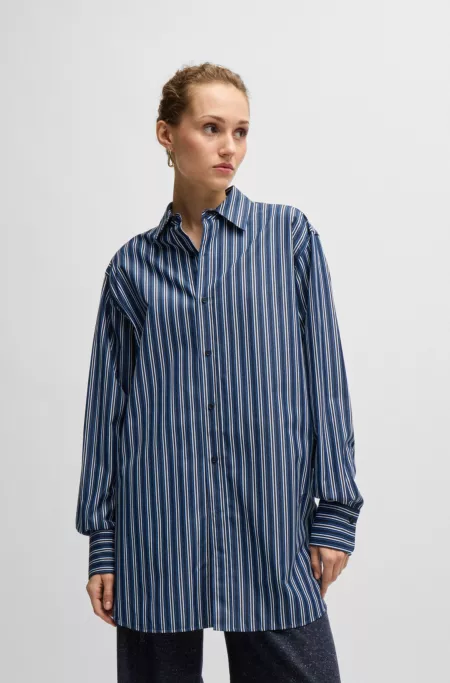 Slim-fit blouse in striped cotton with monogram