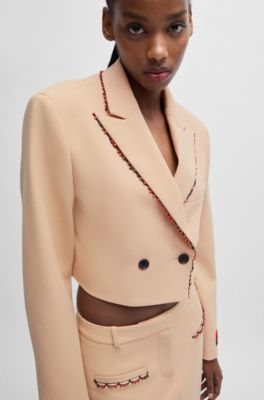 HUGO x Les Benjamins regular-fit cropped jacket with beaded trim, Light Beige