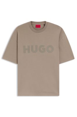 Oversized-fit cotton T-shirt with reflective logo, Light Brown