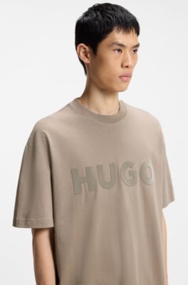 Oversized-fit cotton T-shirt with reflective logo, Light Brown