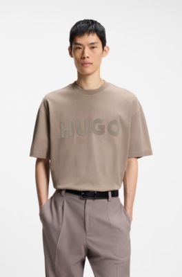 Oversized-fit cotton T-shirt with reflective logo, Light Brown