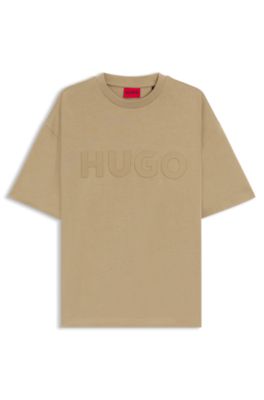 Oversized-fit T-shirt in cotton with reflective logo, Beige