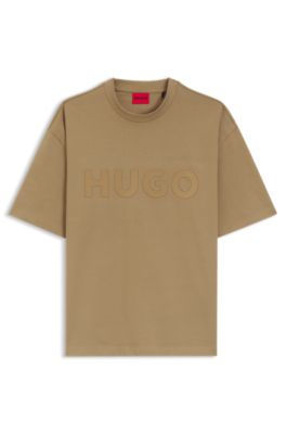 Oversized-fit cotton T-shirt with reflective logo, Beige