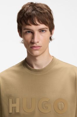Oversized-fit cotton T-shirt with reflective logo, Beige