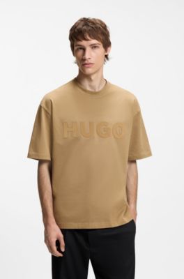 Oversized-fit cotton T-shirt with reflective logo, Beige