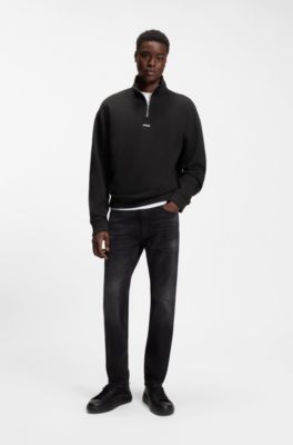 Relaxed-fit cotton sweatshirt with zipper neck, Black