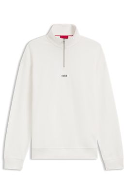 Sudadera de felpa de algod&oacute;n con cremallera en el cuello y logo estampado, Blanco