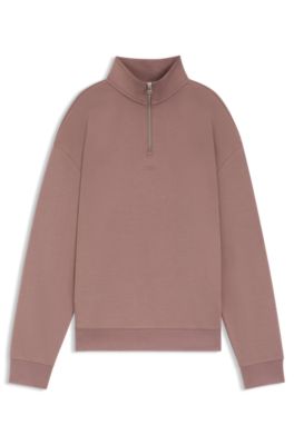 Sudadera de felpa de algod&oacute;n con cremallera en el cuello y logo estampado, Marr&oacute;n claro