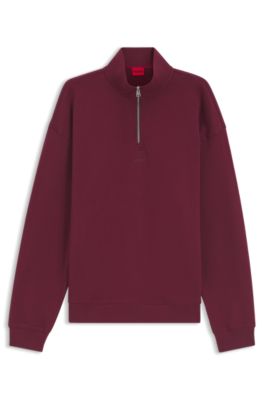 Relaxed-fit cotton sweatshirt with zipper neck, Dark pink