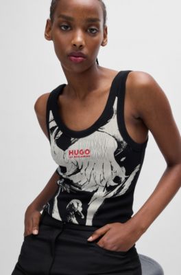 Camiseta de tirantes HUGO&nbsp;x&nbsp;Les Benjamins de algod&oacute;n el&aacute;stico con estampado de cisnes, Negro