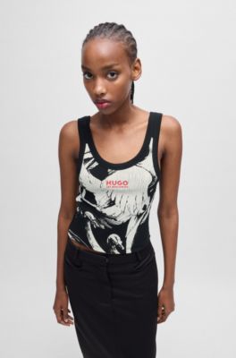 Camiseta de tirantes HUGO&nbsp;x&nbsp;Les Benjamins de algod&oacute;n el&aacute;stico con estampado de cisnes, Negro