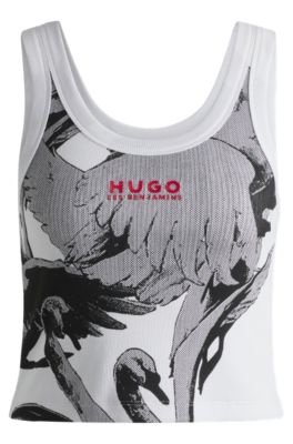 Hugo Boss Hugo X Les Benjamins Vest In Stretch Cotton With Swan Print In White